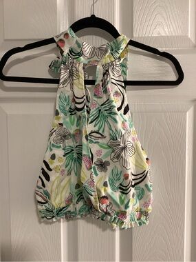 Free People White Halter Linen Crop Tank with Green Leaf Print